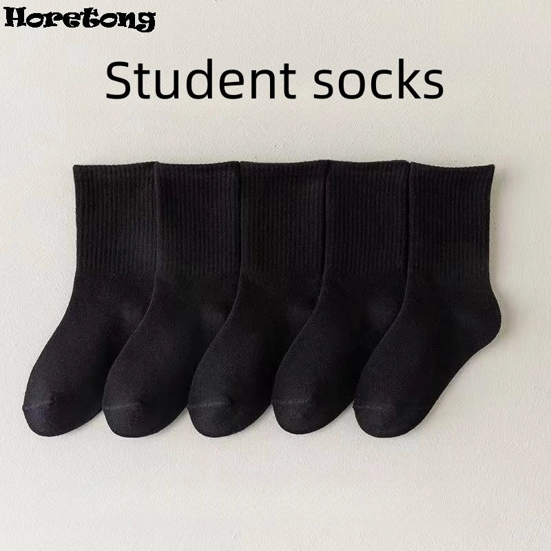 Horetong 5 Pairs/Lot Children Socks Boy Girl Fashion Cotton Black Soft Breathable For Over 3 Years Old Kids Casual Student Socks