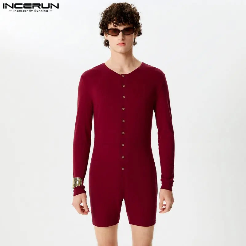 INCERUN 2024 Sexy Men Rompers Open Front Solid Knitted Long Sleeved Jumpsuits Male Hot Selling O-Neck Flat Angle Bodysuits S-5XL