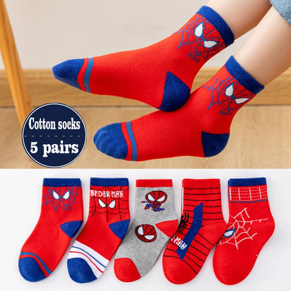 5 Pairs Children Sock Medium Length Anime Cartoon Comfort Warm High Quality Kids Baby Socks Boy Spiderman Socks Four Seasons