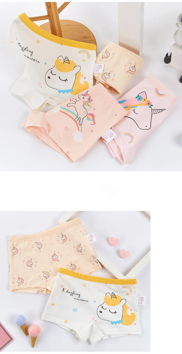 4PCS Girls Cute Unicorn Print Panties Kid Cotton Soft Antibacterial Knickers 2+y Young Children Underwear Thin Breathable Briefs