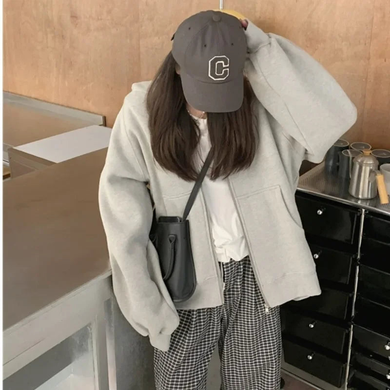 Grey Idle Hooded Sweatshirt Jacket For Women Loose Fit Fleece Lined Long Sleeve Casual Top Trendy Autumn New Design Sensibility