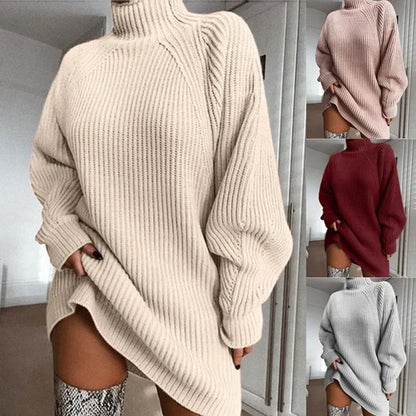 Autumn and Winter New Women's Knitted Sweater, Mid To Long Semi High Neck Women's Sweater Dress, Fashionable Women's Clothing