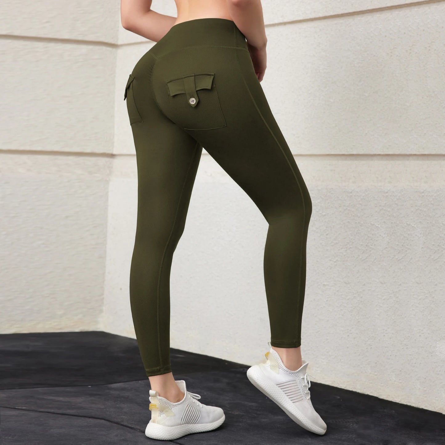 CHRLEISURE Back Double Pocket Yoga Pants Sexy Hip Lift Sports Legging High Waist Ruched Tights Casual Slim Legging Activewear