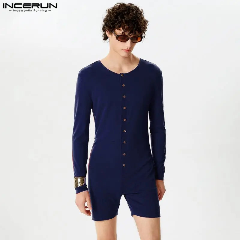 INCERUN 2024 Sexy Men Rompers Open Front Solid Knitted Long Sleeved Jumpsuits Male Hot Selling O-Neck Flat Angle Bodysuits S-5XL