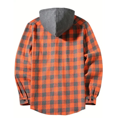 Men's Shirts Classic Plaid Casual Button Down Hooded Long Sleeved Double Pockets Shirt Hoodie Flannel Jacket Spring Autumn Tops