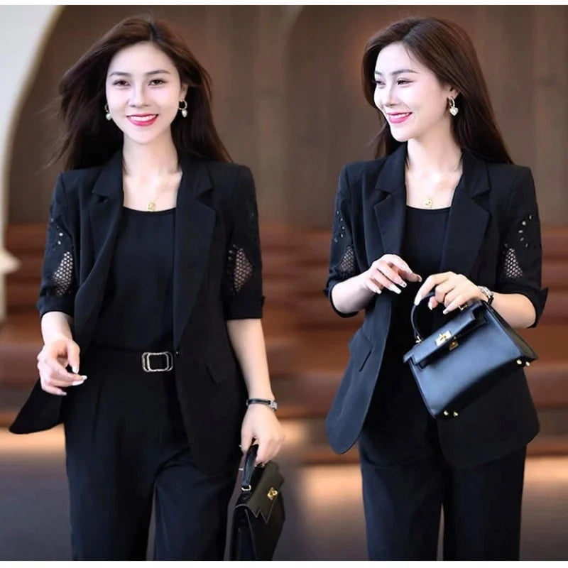 Summer High Waist Three-Piece Blazer Suit Elegant Women's Business Suit with V Neck Vest Out Coat High Waist Harem Pants