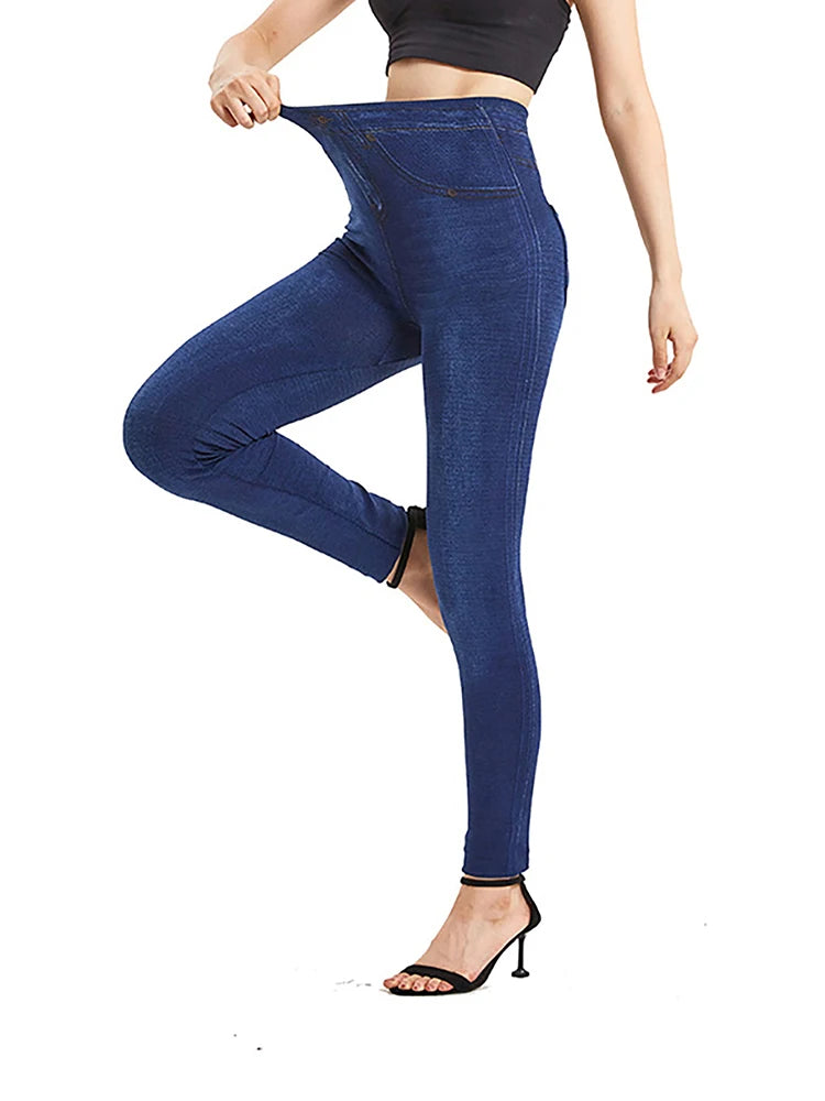 YSDNCHI Seamless Legging Pocket Print Pencil Pants Plus Size Jeggings Dropshipping Solid Color False Jeans Women Elastic Tight