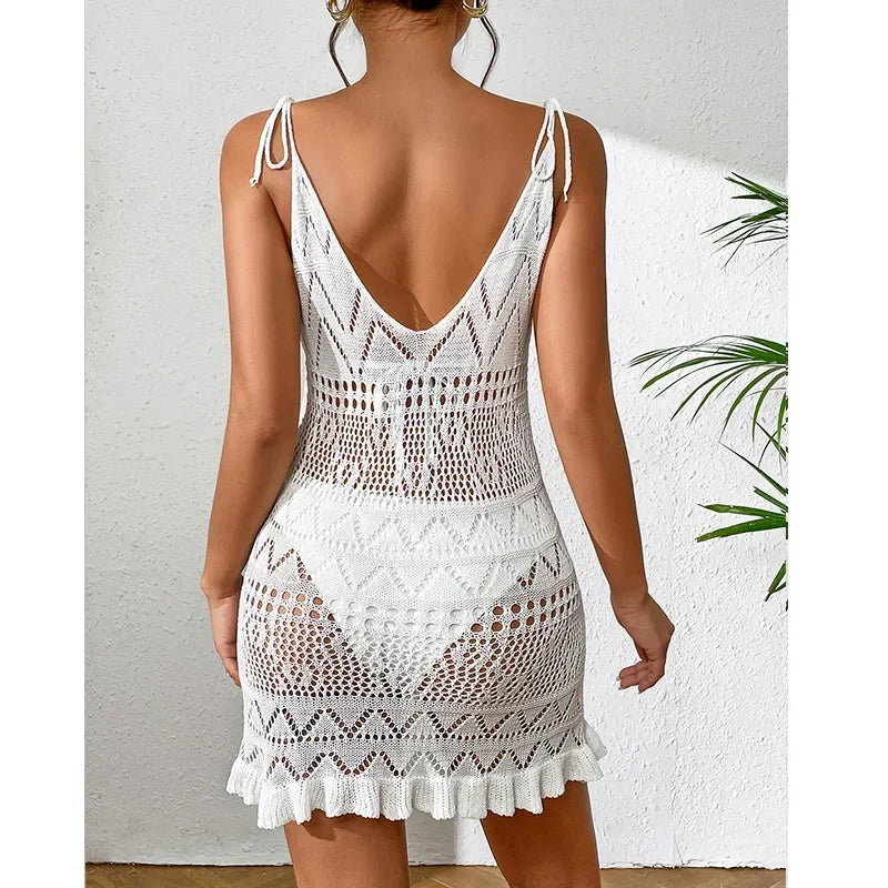 Sexy Womens Crochet Beach Dress See-through Beachwear Pareo Swimsuit Woman Bathing Suit White Dress Beach Cover Up Women Holiday