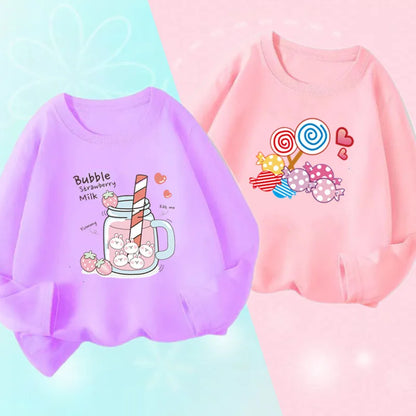 Cute Strawberry Milk Girls Graphic t shirts Juice Kids Cartoon Long Sleeve T-shirt Children’s lollipop Printed Clothes