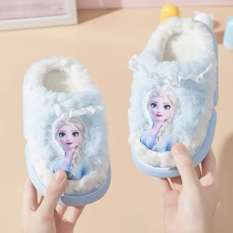 Disney Princess Elsa Winter Children's Cotton Slippers Girls' Frozen Non slip Warm Cartoon Baby Slippers Pink Blue Shoes Size 24