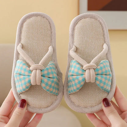 Children Linen Slippers Korean Bow Open Toe Girls Shoes Spring Summer Comfort Soft Sole Home Shoes Indoor Non-slip Floor Slipper