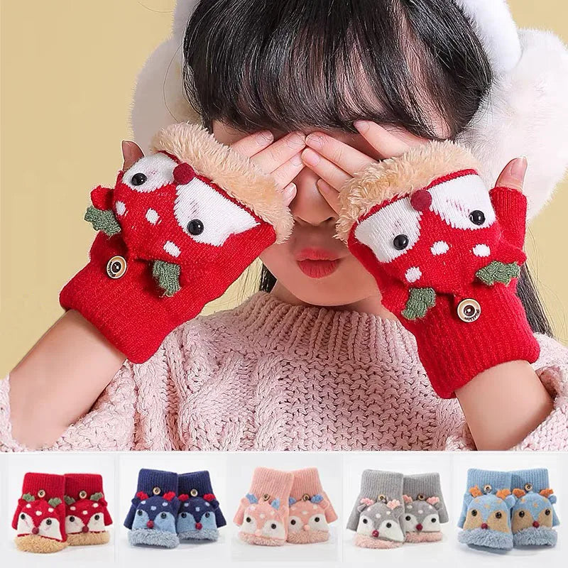 4-12 Years Children Gloves Winter Girls Knitted Half Finger Flip Gloves Plush Thick Warm Cartoon Boy Christmas Deer Kids Mittens