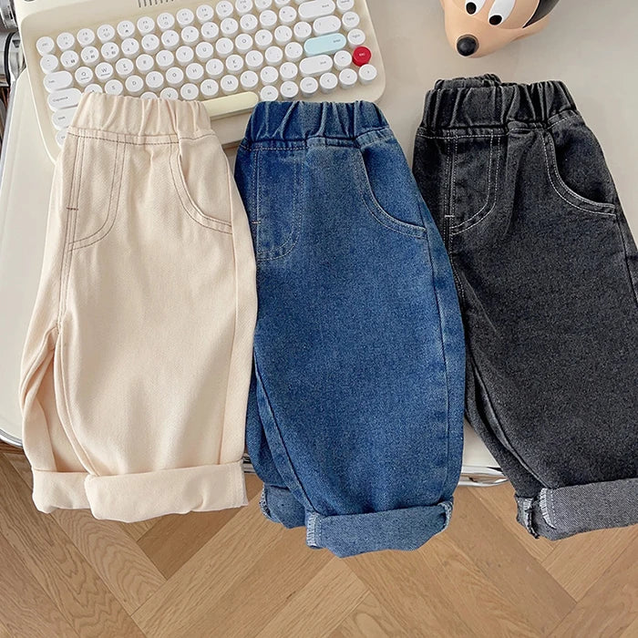 Korean Style Solid Color Cowboy Casual Fashion Pants Kids Elastic Waist Trousers Spring Autumn Baby Girls Boys Jeans