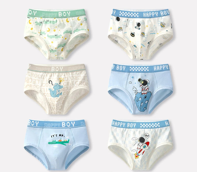 6PCS Kids Cotton Soft Antibacterial Briefs for Boy Thin Breathable Panties Cute Cartoon Print Knickers 3+y Young Child Underwear