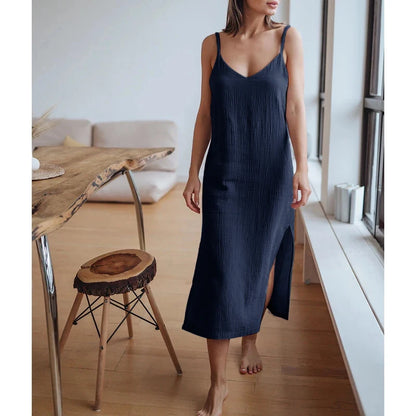 Muslin 100% Cotton Gauze Women'S Dress Sexy Adjustable Strap Sleeveless Open Side Maix Long Dress Summer Comfortable Outfit