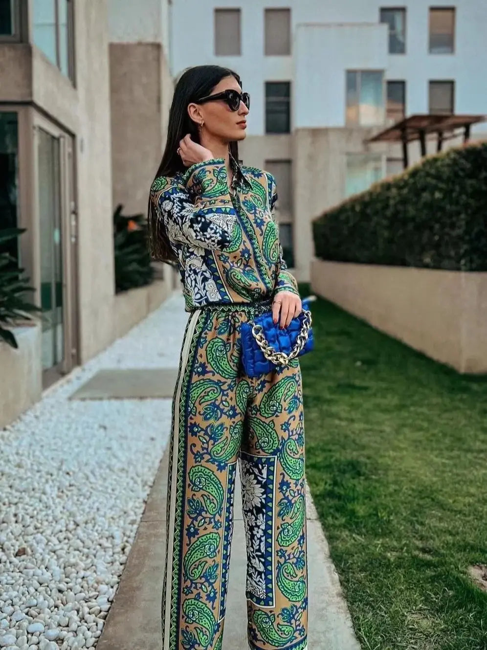 KONDALA Vintage Green Floral Women Suits Long Sleeve Single Button Loose Shirts Women and High Wasit Wide Leg Pants Boho Sets