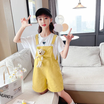 3-10 Years Girls Suspender Jeans Cute Bear Doll Overalls New Fashion Korean Teenage Girls Denim Shorts Children Birthday Present