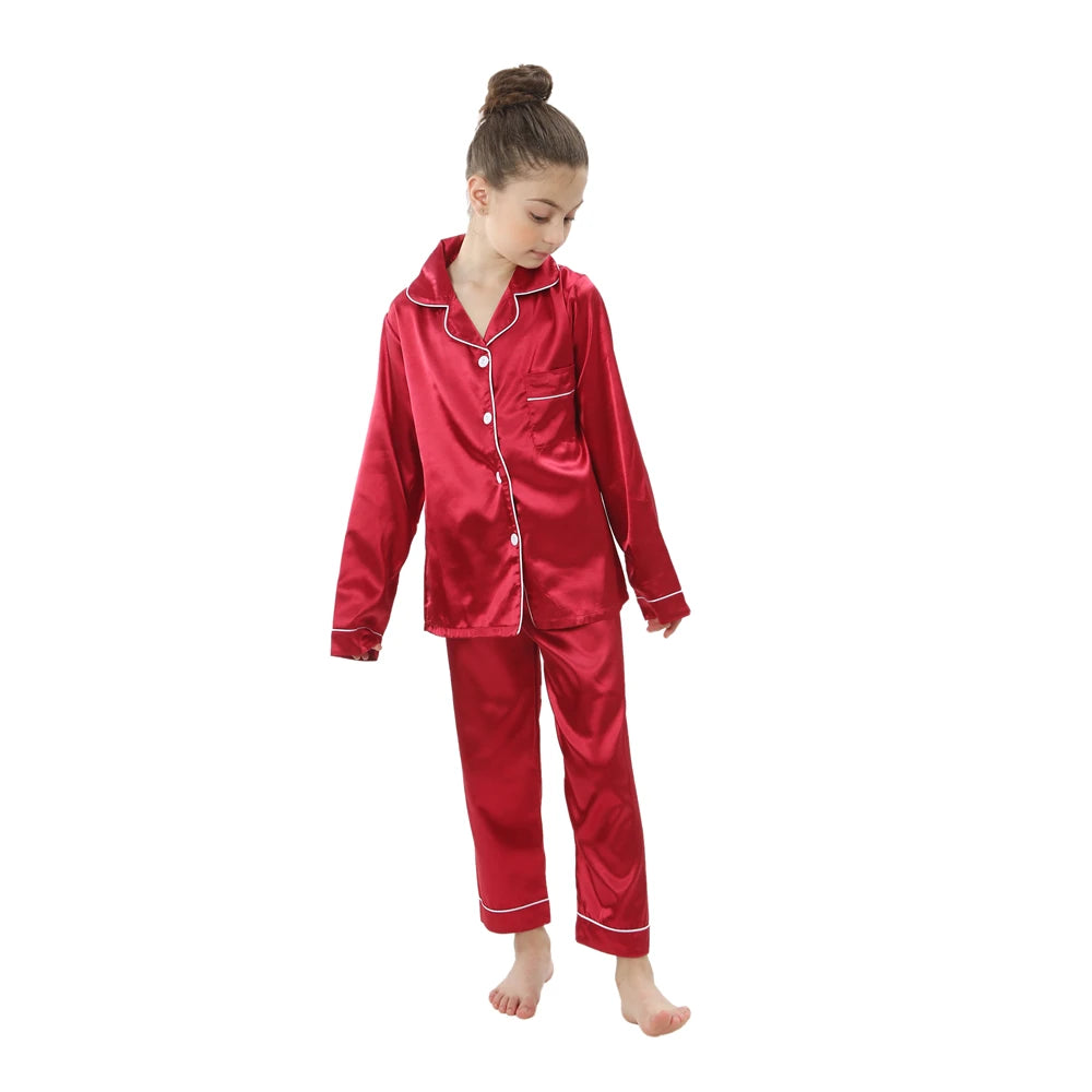 2pcs Boys Girls Pajamas Silk Pants Long Sleeve Solid Button-Down Pyjamas Satin Sets Nightgown Children Sleepwear Kids Loungewear