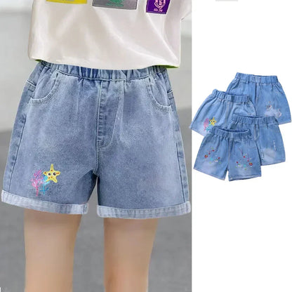 Girls Shorts Jeans Kids Eastic Band Short Pant 2024 Summer 2 To 12 Yrs Children's Clothing Teenagers Cartoon Embroidery Trousers