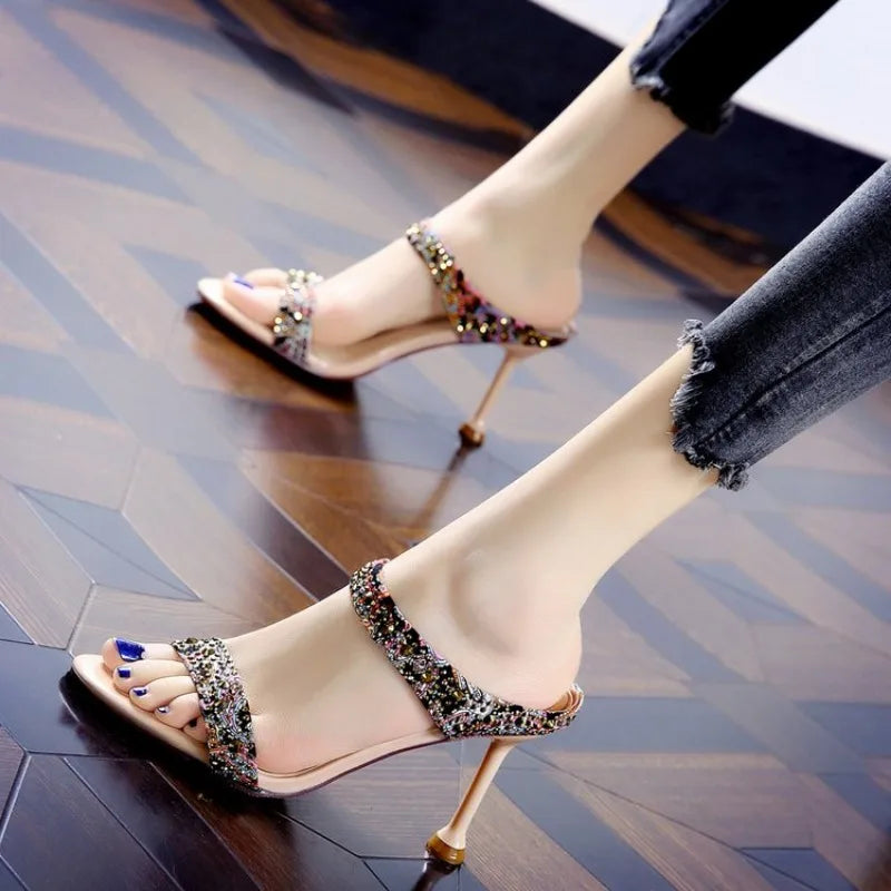 High Heels Sexy Rhinestone Women Pumps Color Matching Graffiti New Summer Women High Heels Shoes Open-toed Stiletto Shoes