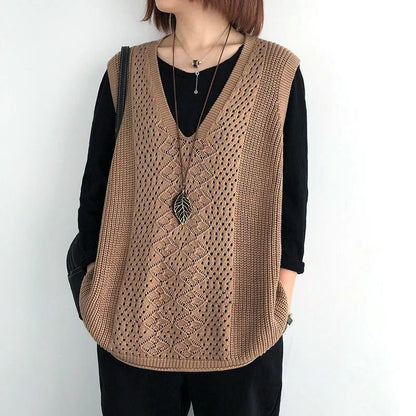 New Hollow Out Thin Knitted Sleeveless Sweater Vest Korean Fashion Spring Autumn Women Loose V-Neck Casual Pullover Jersey