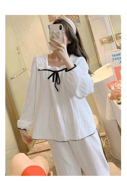 2PCS/Set Fall Winter Pajamas Thickened Warm Square Neck Long-Sleeved Coral Velvet Loungewear Maternity Solid Striped Homewear