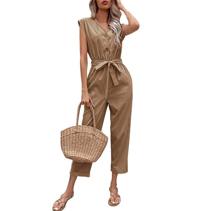 Summer Fashion Short Sleeve Jumpsuit Women Loose Cropped Pants Jumpsuit Women's Solid Color Casual V-neck Jumpsuit vestidos para