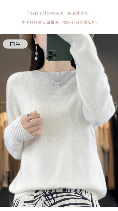 Women 100% Pure Merino Wool Knitted Sweater Autumn Winter Fashion O-Neck Pullover Seamless Jumper Tops Cashmere Warm Clothes