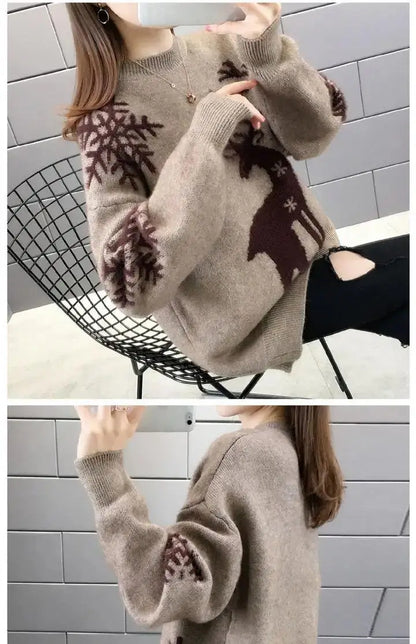 WTEMPO Christmas Loose Knitted Sweaters For Women Pullover Autumn Winter Warm Casual Knitwear All Match Soft T-shirts Female