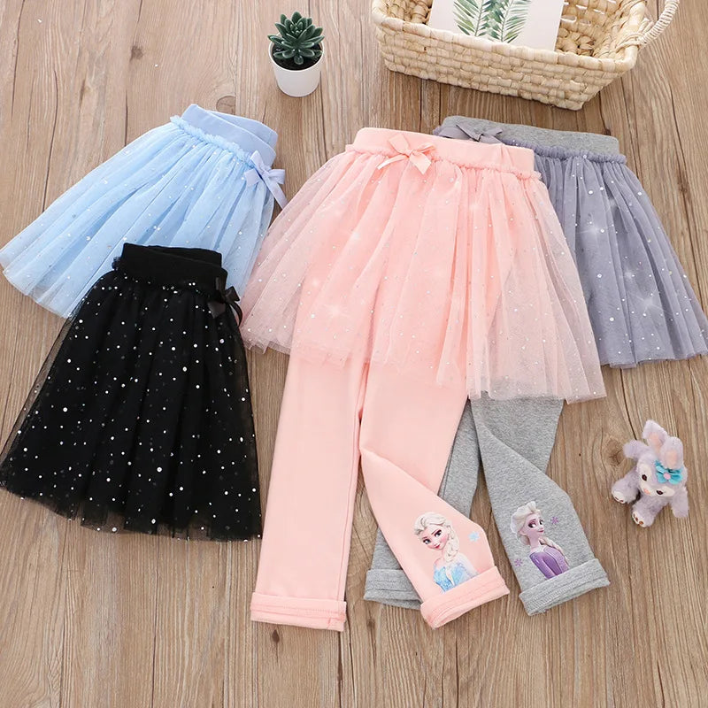 Quality Cotton Disney Girls Skirt Pants for Children Frozen Elsa Princess Skirts Baby Girl Pink Blue Trouser Lace Kids Leggings