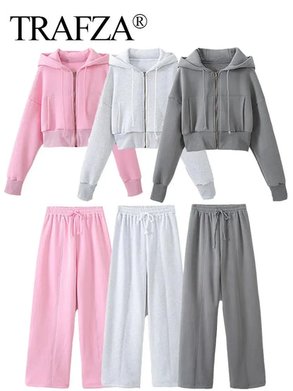 TRAFZA Pant Sets For Women Fashion Long Sleeve Zipper Jacket Elastic Hem Short Side Pocket Hooded Basic Coat + Trousers Suit