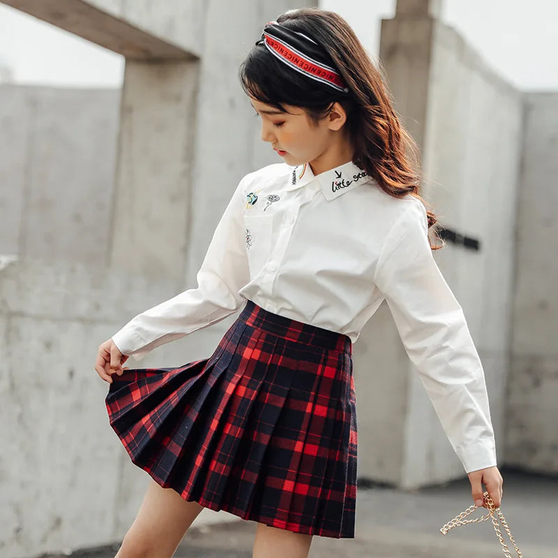 Vintage Pleated Skirt Girl Skirt for Summer Kids Plaid Cotton School Clothes Teens Girls Bottom Children Clothes Sukienka Kleid