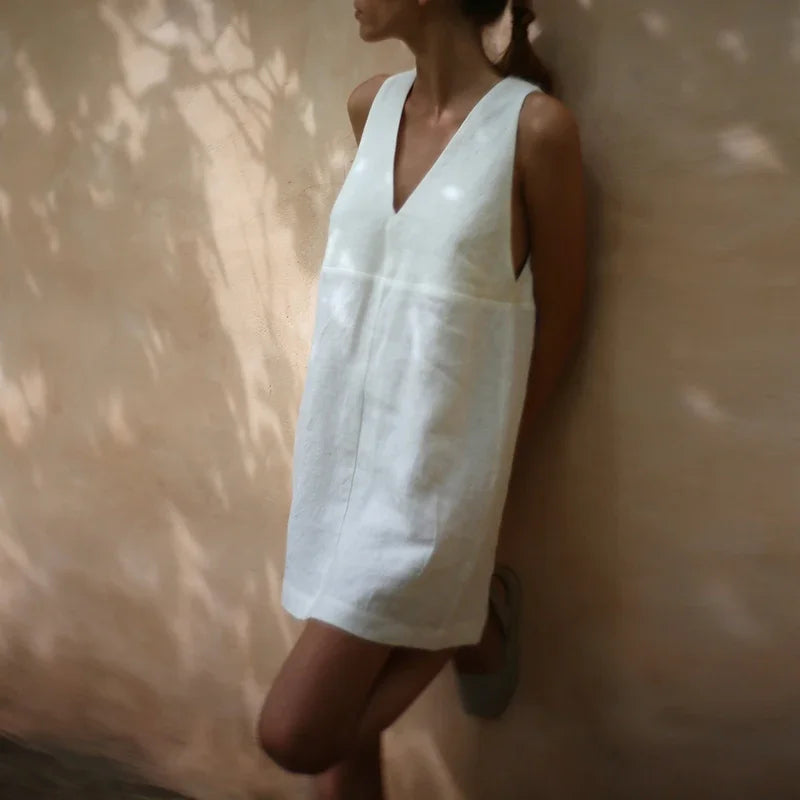 Casual Linen Holiday Dress 2024 Sexy V-neck Sleeveless  Elegant Woman Dress Mini Beach Sundress