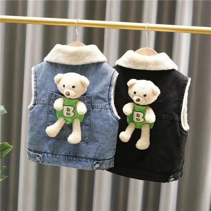 Cashmere Warm Child Waistcoat With Bear Winter Denim Coats Baby Girls Boys Vest Kids Outfits Children Outerwear For1-6 Years old