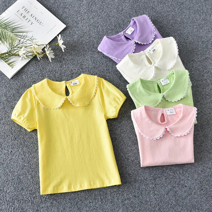 Girls T-shirts Summer Short Sleeve Cotton T shirt Peter Pan Collar Baby Toddler Girl Blouse Shirt Kids Tops Children's Clothes