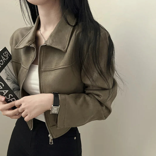 ChicAutumn Korean Style Vintage Simple Slimming Versatile Zippered Lapel Chamois Leather Fluffy Short Jacket For Women