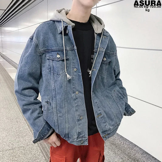 Trendy Loose-fit Denim Jacket For Men Versatile Hip Hop Style Student Hooded Jacket Casual Clothing Hong Kong Style