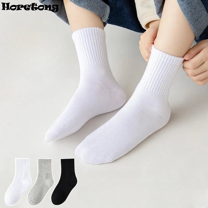 Horetong 5 Pairs Pure Cotton Soft Student Socks Breathable Absorbing Sweat Sport Socks Boys Girls Middle Tube Sock For 3-13 Year