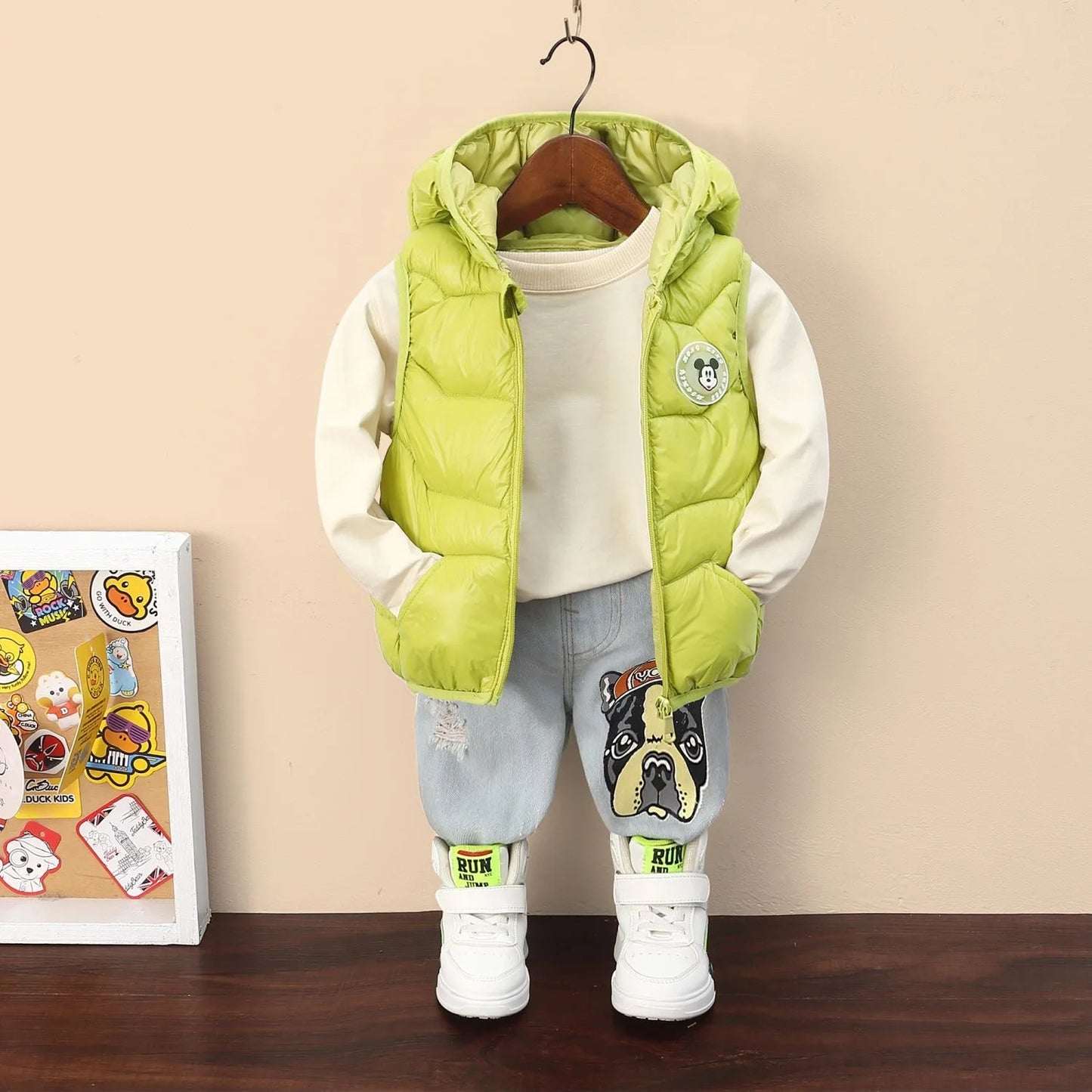 New Autumn Cartoon Mickey Mouse Boys Down Vest Winter Baby Bright Hooded Waistcoat Cotton Outerwear Kids Jacket Children Clothes