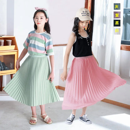 Summer 2024 Girls Long Pleated Skirt Solid Casual All-match Skirt for Kids 12 13 14 Years Trendy Teens Students Children Skirts