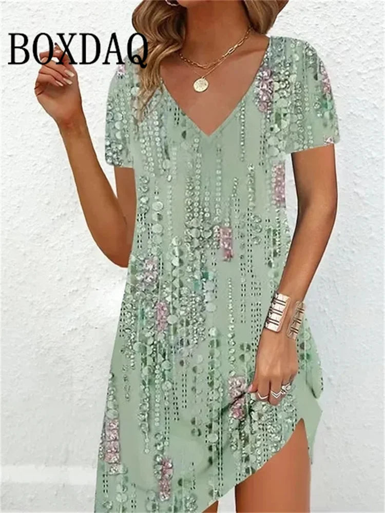 2023 Fashion Plus-Size Dress Casual Loose V-Neck Ladies Summer Print Party Women's New Summer Pullover Short Sleeve Dress