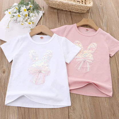 Baby Girls Sequin Short Sleeved T-Shirt 2024 Summer Kids Top Tees O Neck Shirts 2 To 8Yrs Children's Clothes Korean Style