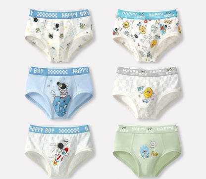 6PCS Kids Cotton Soft Antibacterial Briefs for Boy Thin Breathable Panties Cute Cartoon Print Knickers 3+y Young Child Underwear