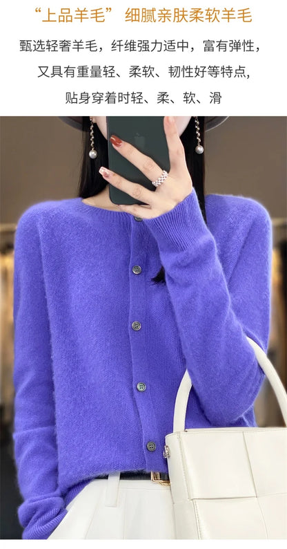 2024Spring and Autumn  New 100% pure merino cashmere sweater women's O-neck cardigan loose long-sleeved sweater top