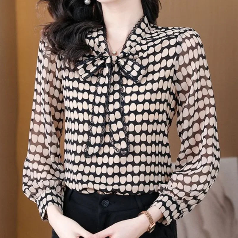 Korean Simplicity Summer New Women's V-Neck Bow Polka Dot Lacing Fashion Office Lady Long Sleeve Loose Chiffon Shirt Tops