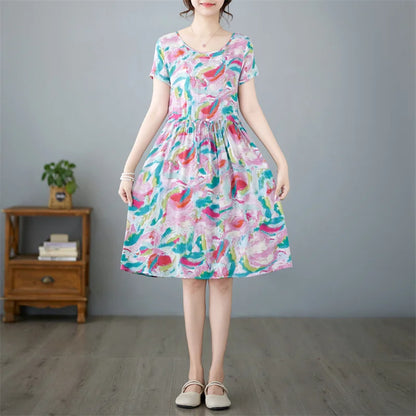 THHONE Summer Dress for Women Floral Casual Print Loose Vintage Draw String Robe Elegant Mini New in Dresses Vestido Feminino