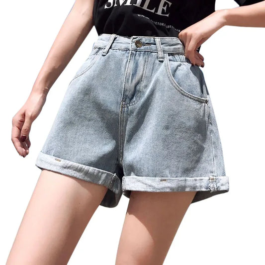 Women Denim Jean Shorts High Waisted Casual Summer Folded Hem Short Jeans with Pockets