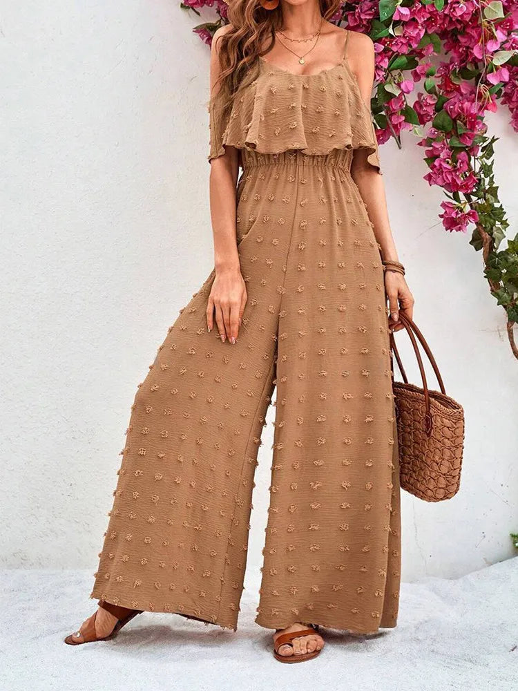 Woman Shoulder-off Bib Flounce Jumpsuits Summer Autumn Casual Loose Solid Pants for Women Female Spaghetti Strap Wide Leg Suit