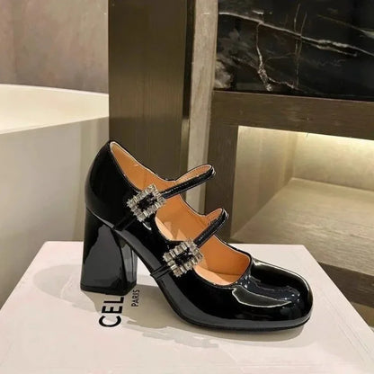 2024Mary Jane Chunky Heels Women's Square Head High  Temperament Line with Rhindiamonds Patent Leather Professional Shoes