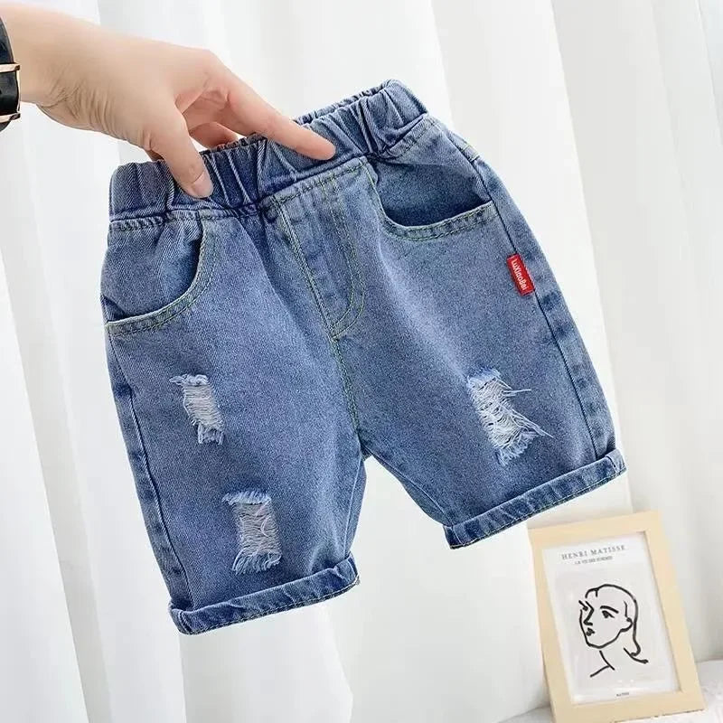 2024 Summer Thin Children's Shorts Baby Korean Boys Ripped Jeans Five Quarter Pants Children Soft Outside Wear